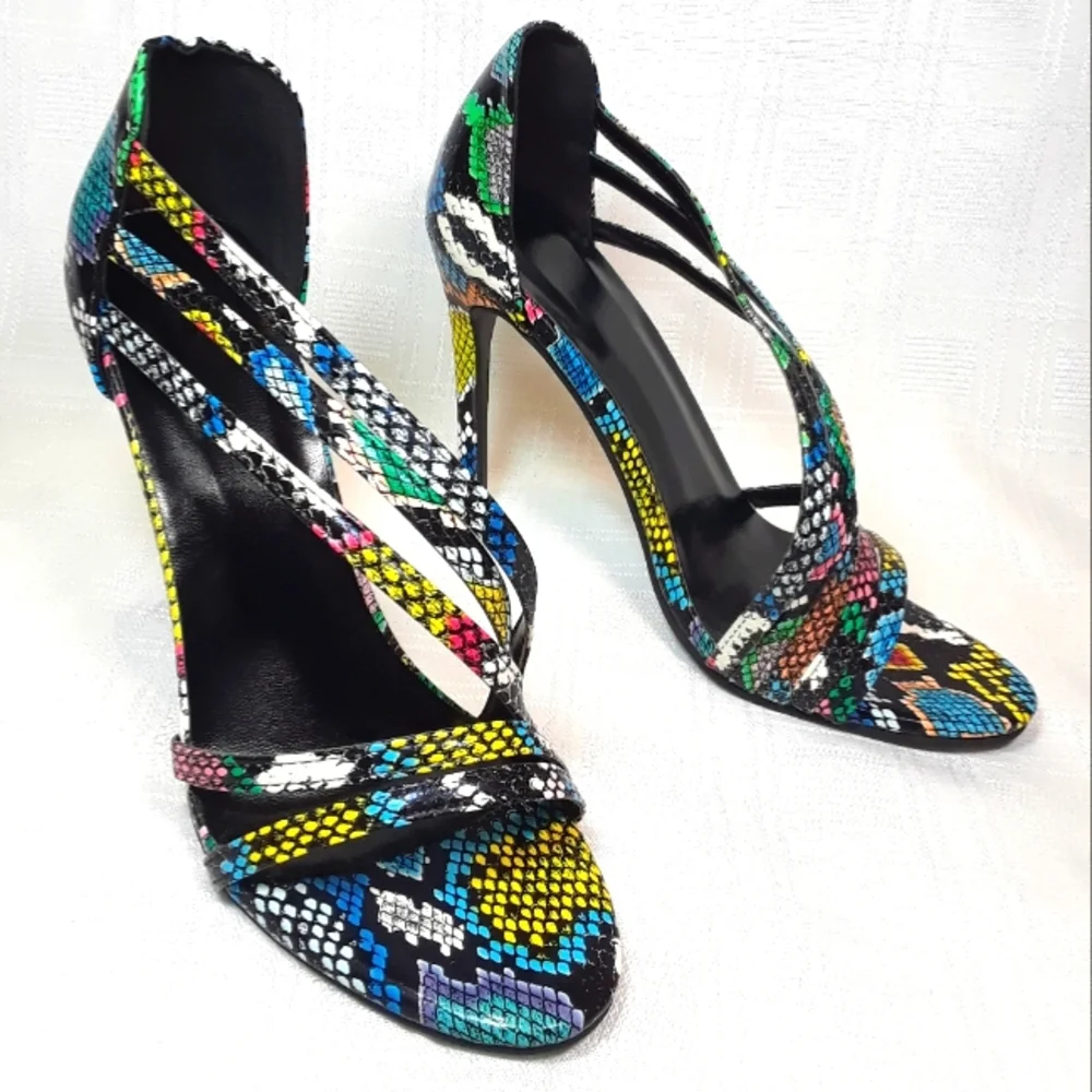 Heels Open Toe Women Shoes Rainbow Faux Snakeskin Strap Fashion Shoes Size 38 - Picture 4 of 10